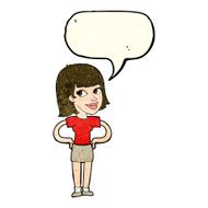 cartoon happy woman with hands on hips speech bubble N8