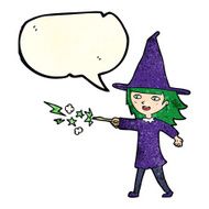 cartoon witch girl casting spell with speech bubble N8