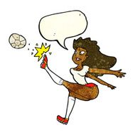 cartoon female soccer player kicking ball with speech bubble N3
