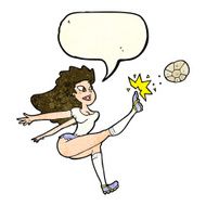 cartoon female soccer player kicking ball with speech bubble N4