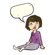 cartoon woman sitting on floor with speech bubble N4