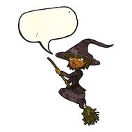 cartoon witch riding broomstick with speech bubble N7