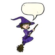 cartoon witch riding broomstick with speech bubble N8