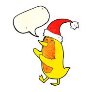 cartoon bird wearing xmas hat with speech bubble N2