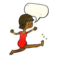 cartoon happy woman kicking with speech bubble N4