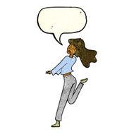 cartoon happy girl kicking out leg with speech bubble N3
