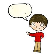 cartoon happy boy pointing with speech bubble N7