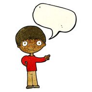 cartoon happy boy pointing with speech bubble N8