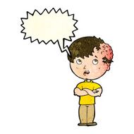 cartoon boy with growth on head speech bubble N15