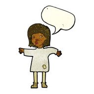 cartoon woman in patched clothing with speech bubble N4