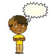 cartoon boy with growth on head speech bubble N16