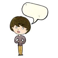 cartoon woman making Who Me? gesture with speech bubble N18