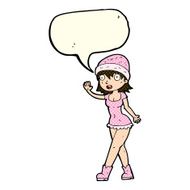 cartoon pretty girl in hat waving with speech bubble N5