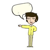cartoon man gesturing welcome with speech bubble N5