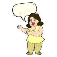 cartoon happy fat woman with speech bubble N3