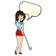 cartoon woman playing golf with speech bubble N9