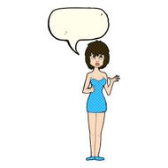 cartoon confused woman in cocktail dress with speech bubble N5