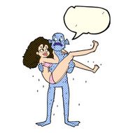 cartoon swamp monster carrying woman in bikini with speech bubbl N5