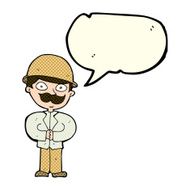 cartoon man in safari hat with speech bubble N5