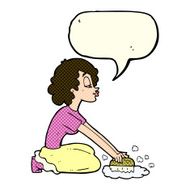cartoon woman scrubbing floor with speech bubble N4