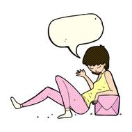 cartoon woman leaning on package box with speech bubble N5