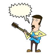 cartoon man playing electric guitar with speech bubble N6