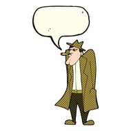 cartoon man in hat and trench coat with speech bubble N5