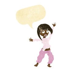 cartoon frightened woman with speech bubble N5