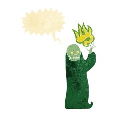 cartoon waving halloween ghoul with speech bubble