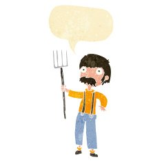 cartoon farmer with pitchfork speech bubble N2