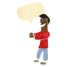 cartoon grinning man wearing glasses with speech bubble