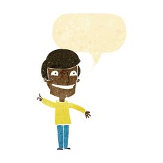 cartoon grinning man with idea speech bubble