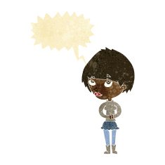 cartoon nervous woman with speech bubble N5