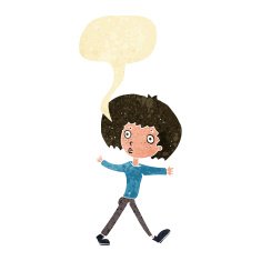 cartoon surprised man walking with speech bubble
