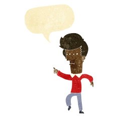 cartoon man accusing with speech bubble