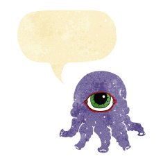 cartoon alien head with speech bubble