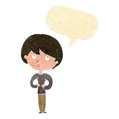 cartoon woman making Who Me? gesture with speech bubble N7