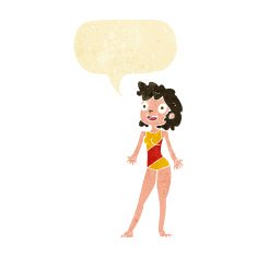 cartoon woman in swimming costume with speech bubble N2