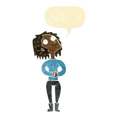 cartoon woman looking upwards with speech bubble