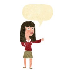 cartoon woman gesturing to show something with speech bubble N3
