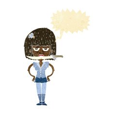 cartoon woman with knife between teeth speech bubble N5