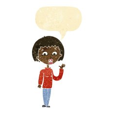 cartoon woman waving with speech bubble N32