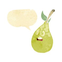 cartoon pear with speech bubble