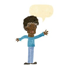 cartoon worried man reaching out with speech bubble