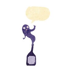 cartoon ghost in bottle with speech bubble