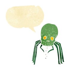 cartoon spooky skull spider with speech bubble N2