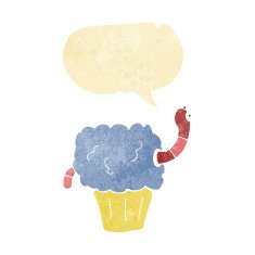cartoon worm in cupcake with speech bubble N2