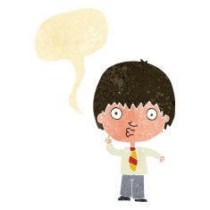 cartoon school boy answering question with speech bubble N9