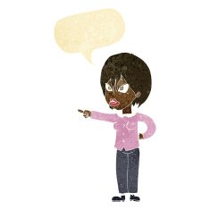 cartoon woman accusing with speech bubble