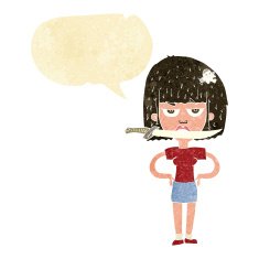 cartoon woman with knife between teeth speech bubble N7